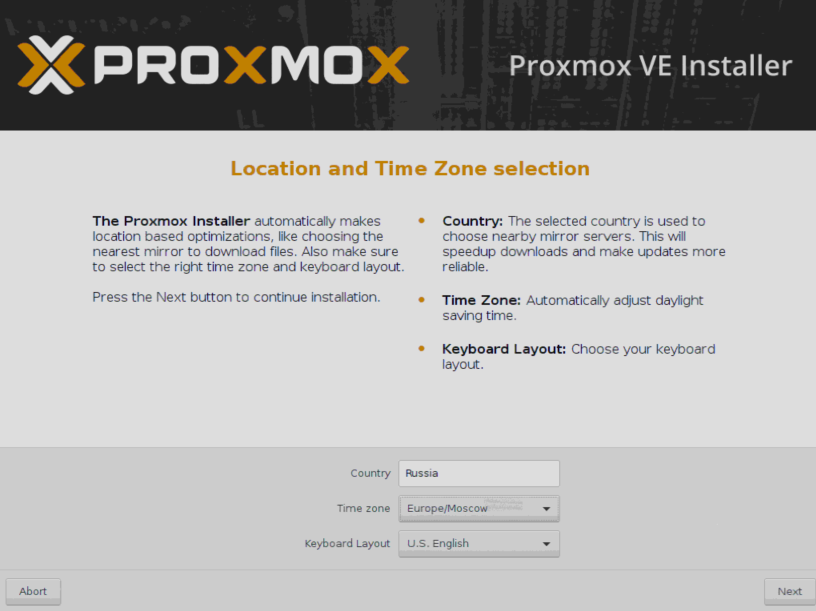 Установка Proxmox - региональные настройки.