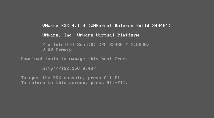 Гипервизор VMware ESX — стартовый экран