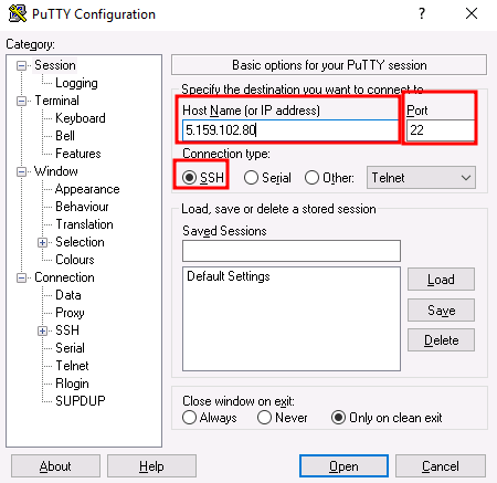 Вводим IP-адрес в Putty.exe