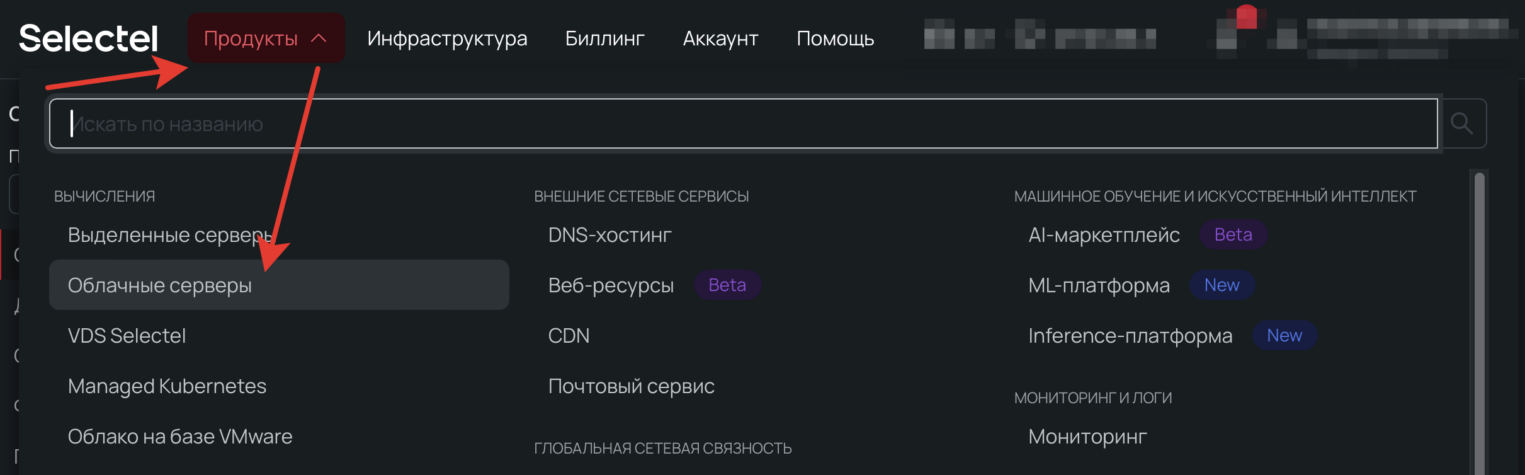 Раздел Облачные серверы.