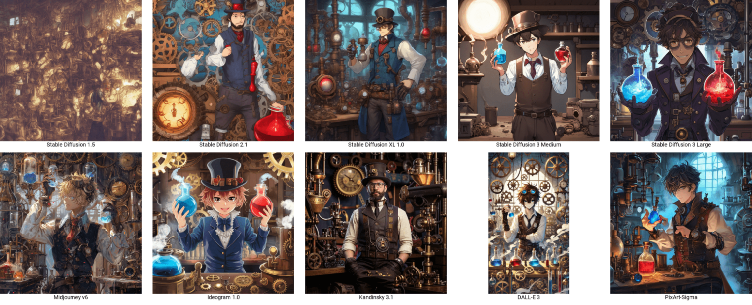 Генерации различных нейросетей по запросу «anime art of a steampunk inventor in their workshop, surrounded by gears, gadgets, and steam. He is holding a blue potion and a red potion, one in each hand». 