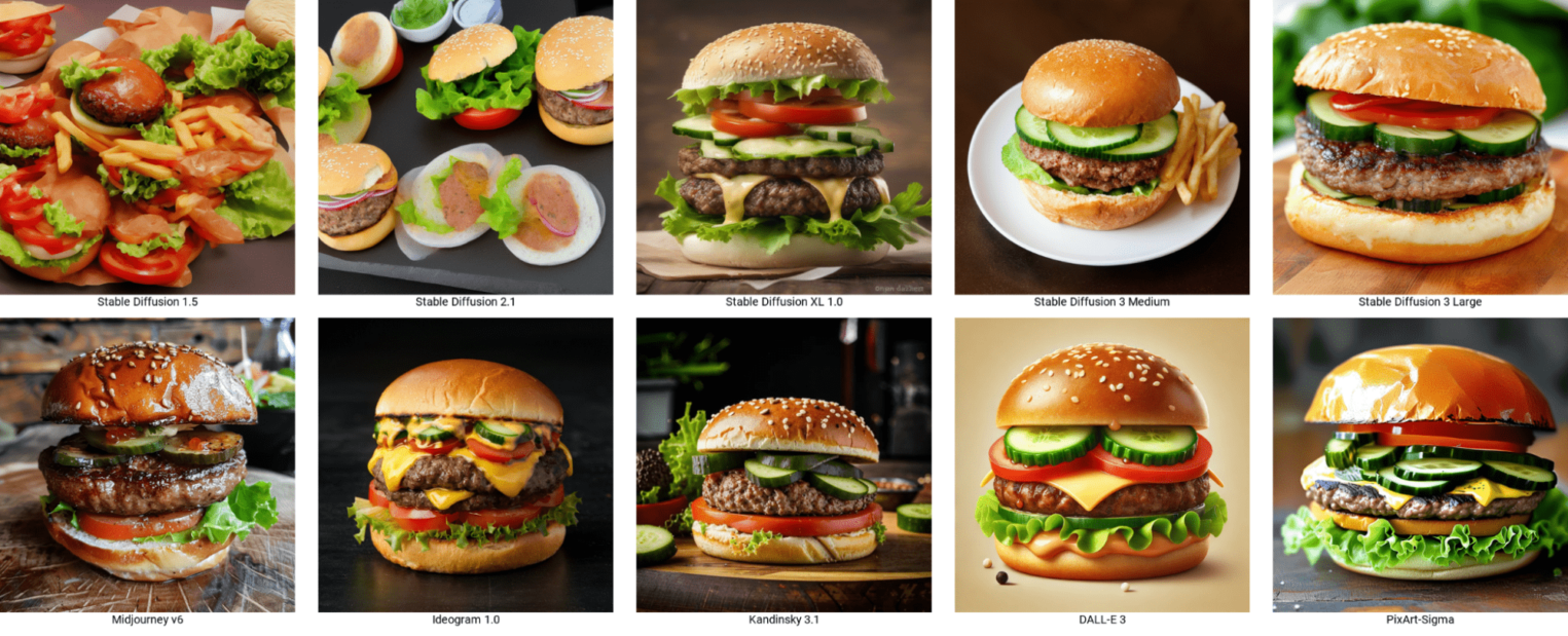 Генерации различных нейросетей по запросу «burger without cucumber».