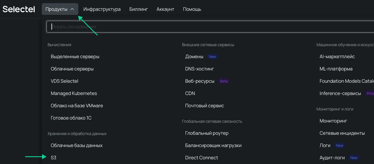 Скриншот панели управления Selectel. Выбор вкладки.