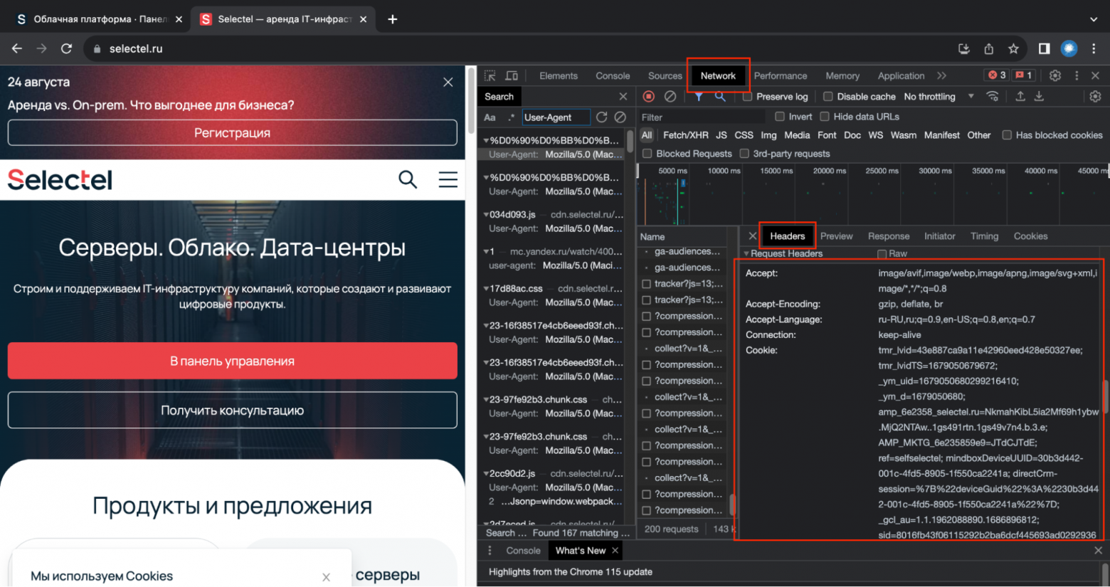 Скриншот открытого инспектора в браузере.