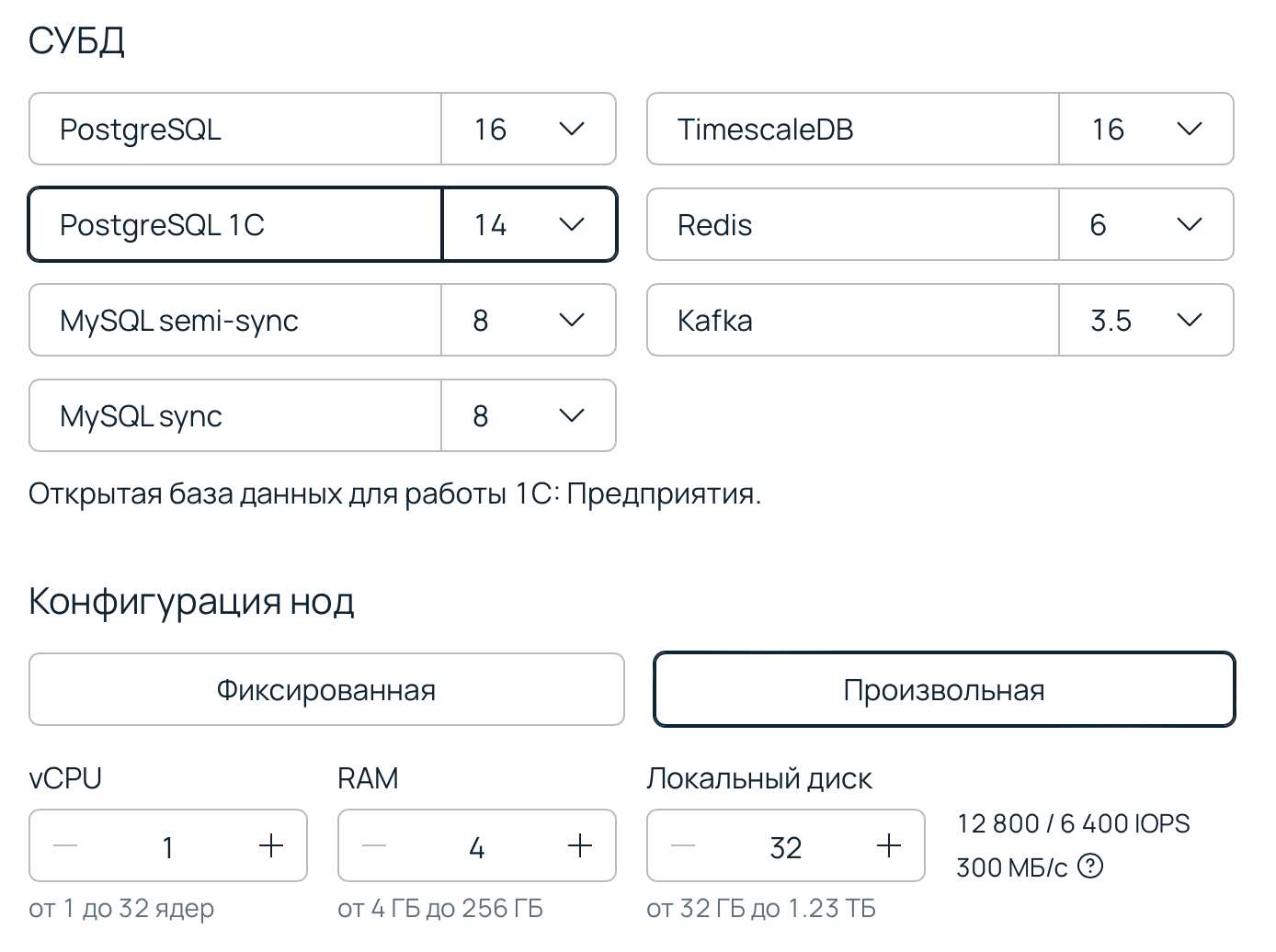 Конфигуратор облачных СУБД в панели управления.