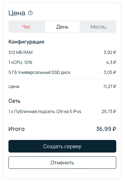 Стоимость конфигурации в панели управления.