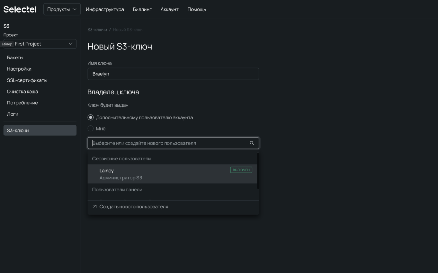 Панель управления, настройки S3-ключа.