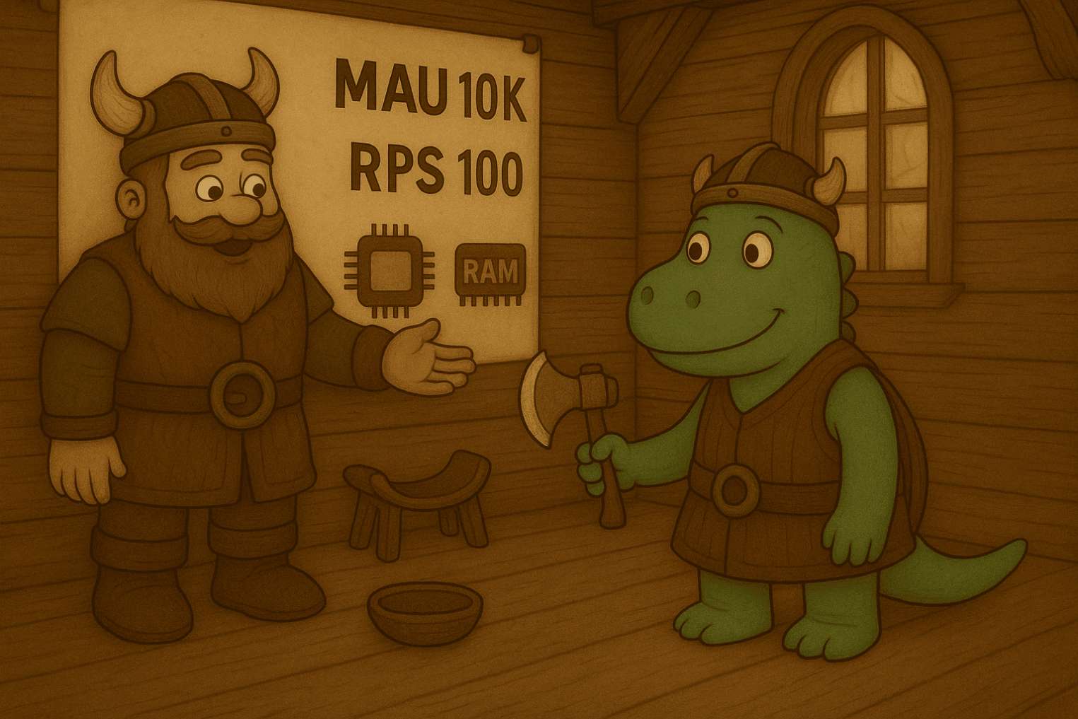 Иллюстрация с викингом и Тирексом.