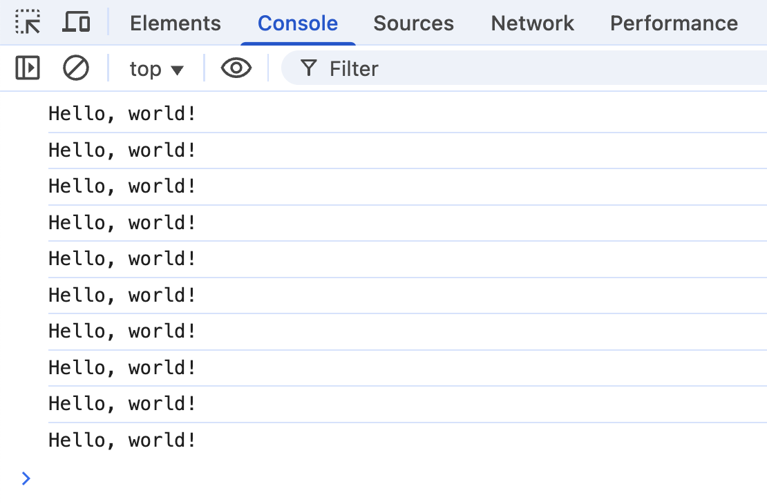 Результат в консоли: одна и та же строка выводится десять раз;