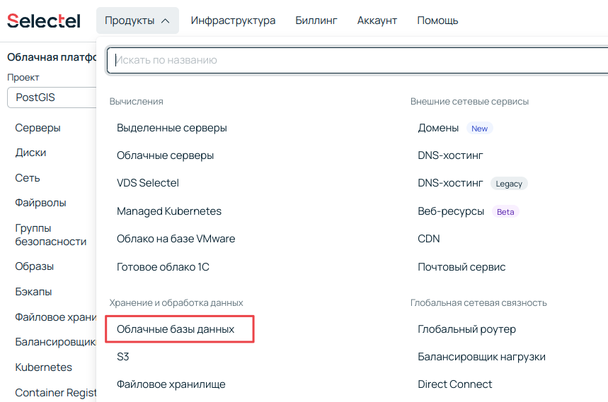 Скриншот панели управления Selectel.