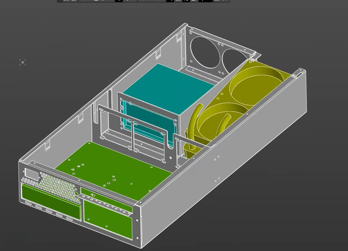 Технический чертеж (CAD-модель) корпуса Slim Tower. На схеме показаны его габариты и расположение внутренних компонентов, таких как материнская плата и блок питания.