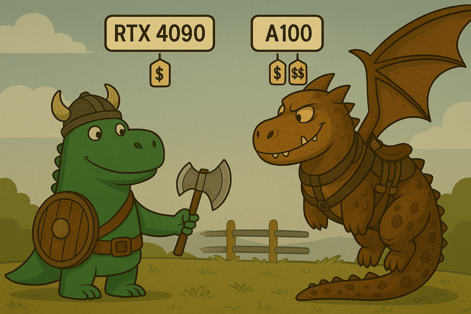 Юмористическая иллюстрация с викингом-Тирексом и драконом.