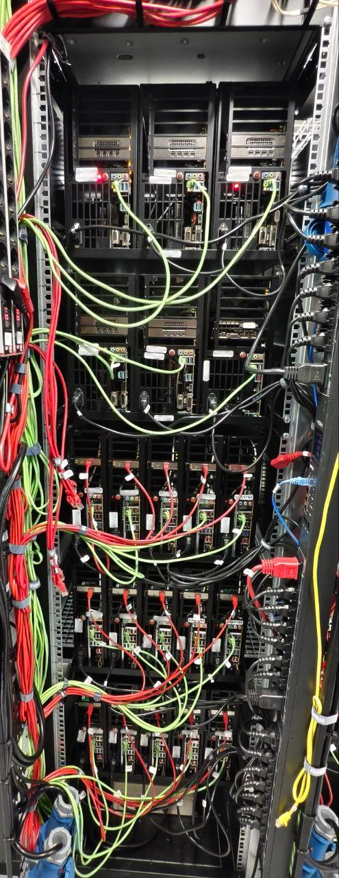 Вид сзади на комбинированную стойку с платформами UltraSlim и FatSlim. Показана плотная разводка кабелей питания и сетевых подключений, необходимая для поддержки 21 сервера в одной стойке