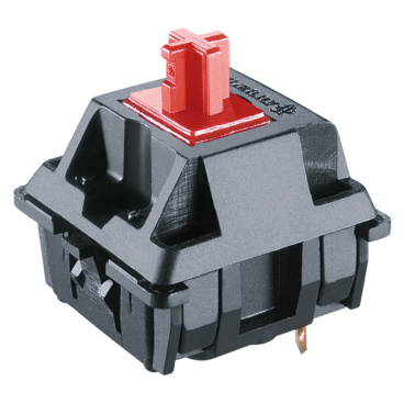 Крупный план классического MX‑свитча, разработанного компанией Cherry. Виден крестоообразный шток, а сам переключатель довольно высокий.