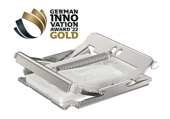 Ультратонкий механический переключатель Cherry ULP рядом с логотипом награды German Innovation Award '22 Gold.