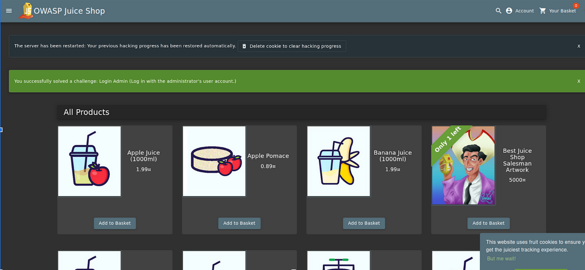 Скриншот главной страницы уязвимого веб-приложения OWASP Juice Shop, открытой в браузере через настроенный reverse-proxy.