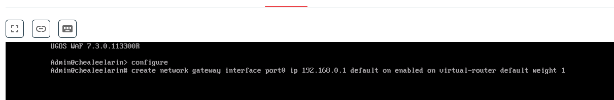Скриншот терминала с командой для создания шлюза по умолчанию через интерфейс port0 с IP 192.168.0.1.