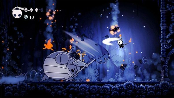 Персонаж сражается с врагом, кадр из Hollow Knight.