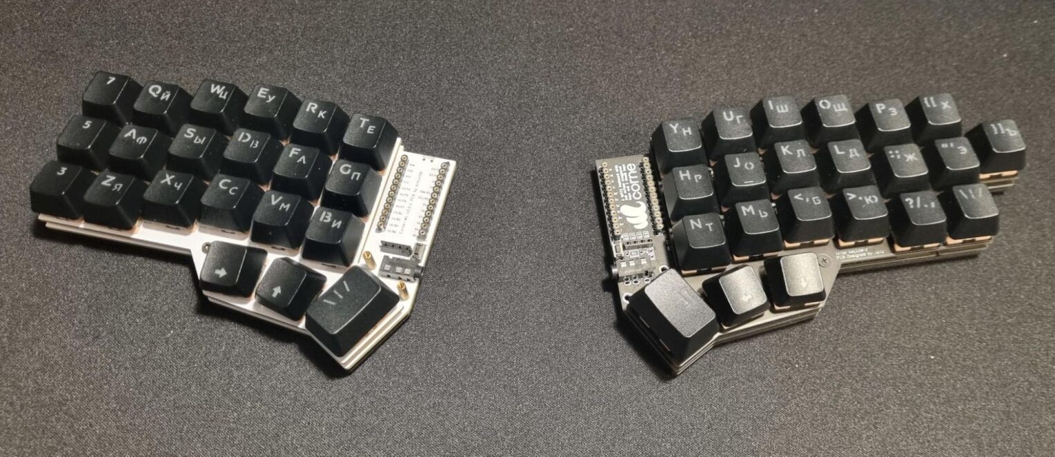 Кастомная 43-клавишная сплит-клавиатура FrankenJorne, собранная из разных плат Corne и Jorne.
