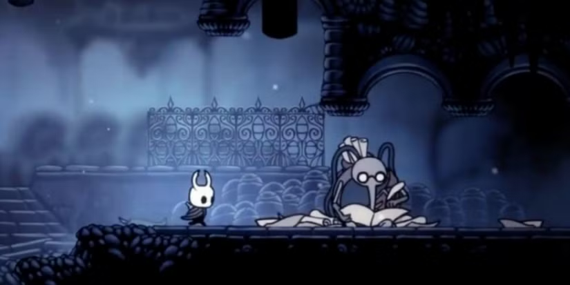 Встреча персонажа с картографом, кадр из Hollow Knight.