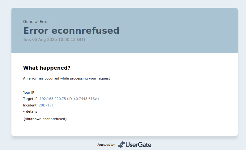 Скриншот страницы ошибки «General Error», которую показывает UserGate, когда правило reverse-proxy выключено, и доступ к приложению невозможен.