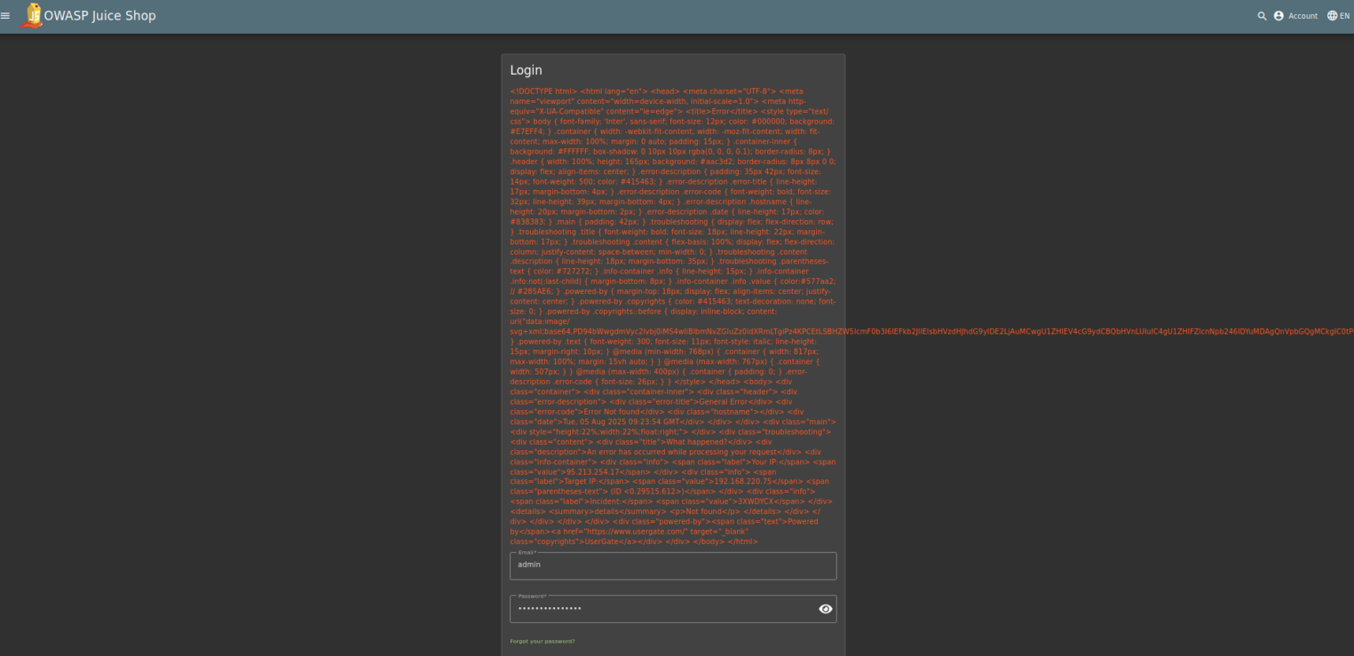 Скриншот страницы входа в приложение OWASP Juice Shop. В поле для email введена вредоносная строка для выполнения SQL-инъекции, но авторизация не удалась.