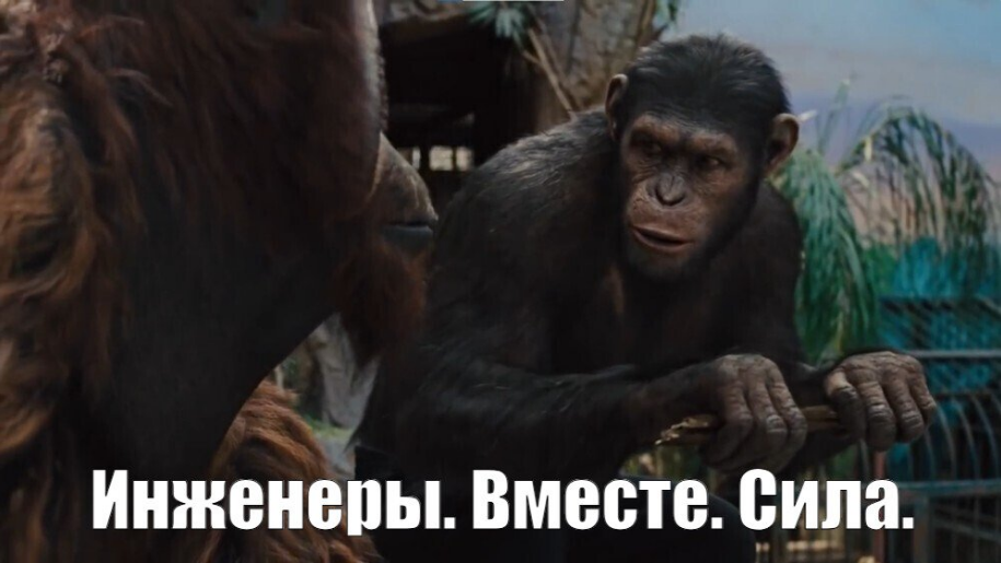 Мем с обезьяной и палкой. Написано: «Инженеры. Вместе. Сила».