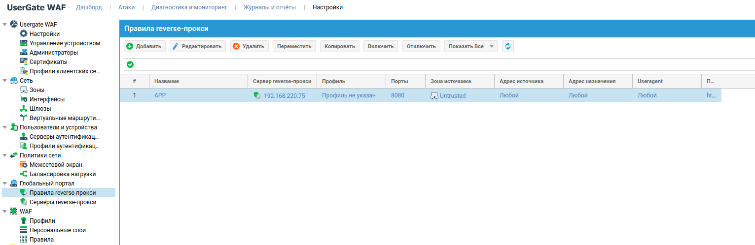 Скриншот веб-интерфейса UserGate WAF. Отображен список правил reverse-proxy с одним активным правилом app_proxy.