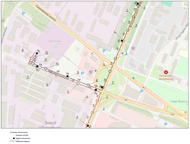 Чертеж участка межцодовой трассы в Великом Новгороде.
