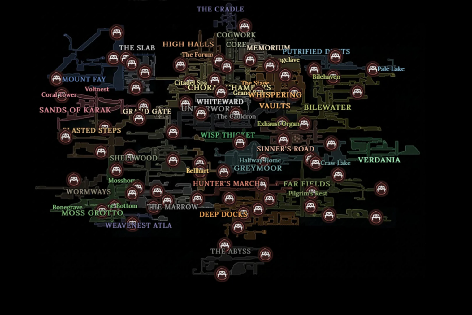 Карта локаций в Hollow Knight: Silksong.