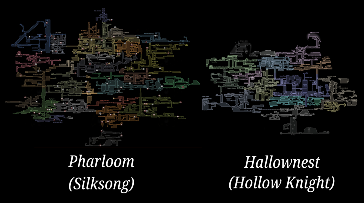Наглядное сравнение карт миров из Silksong и Hollow Knight.