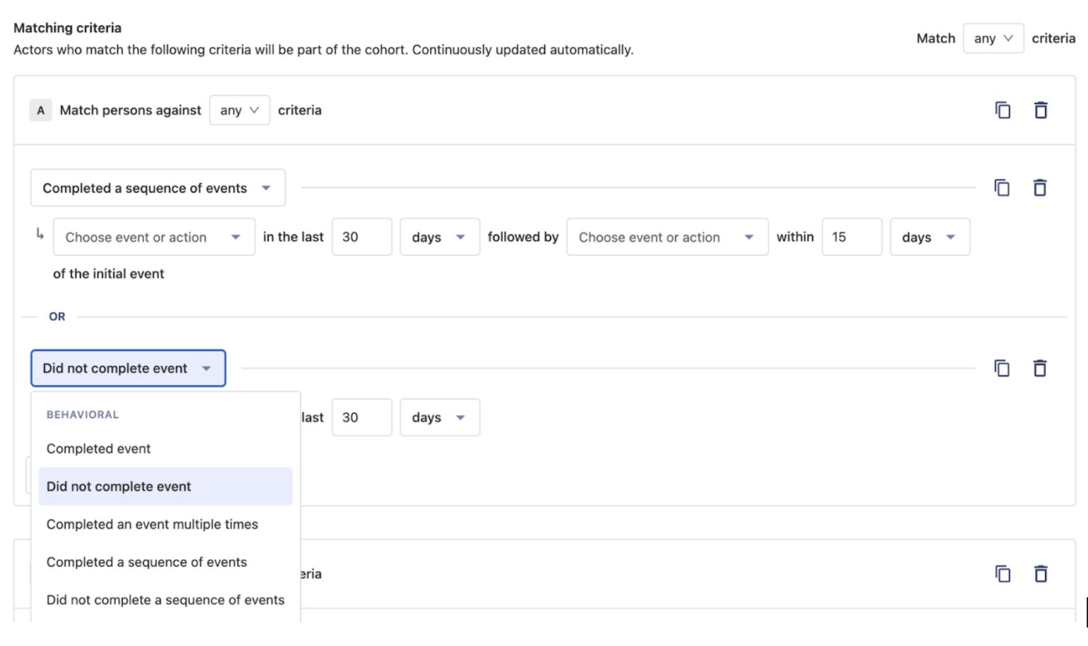 Пример создания когорты из двух событий объединенных через логическое «ИЛИ».