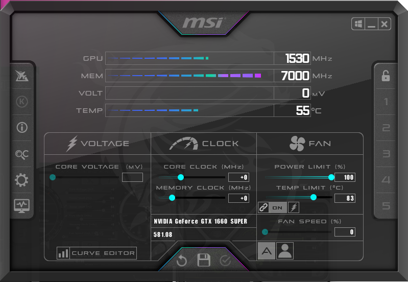 Интерфейс MSI Afterburner.