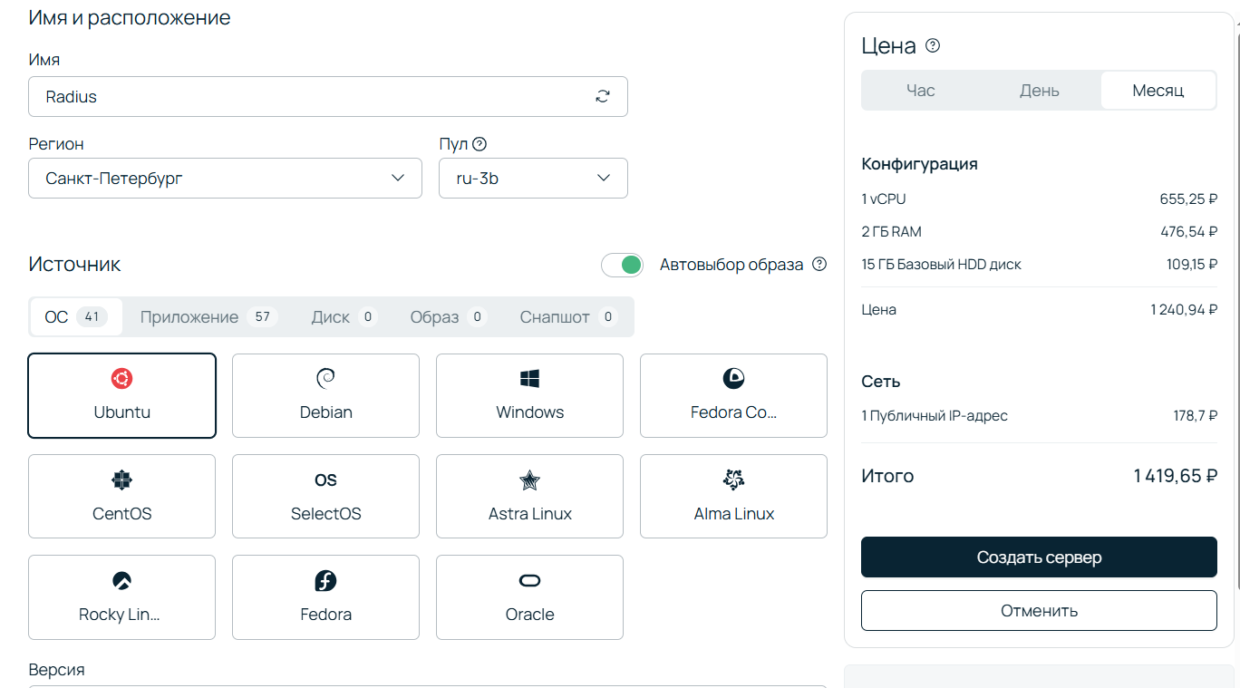 Скриншот из панели управления Selectel. Конфигурирование сервера.