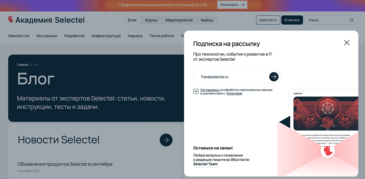 Скриншот из Академии Selectel. Вводим email, соглашаемся на обработку ПДн и подписываемся.