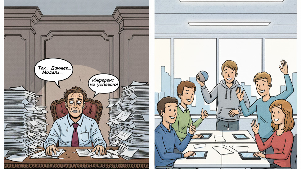 Руководитель за столом в стрессе от большого объема бумаг, символизирующий перегруженный CPU, который не справляется с задачами инференса моделей. Рядом — команда специалистов, эффективно и слаженно работающая вместе, как аналогия параллельной работы тысяч ядер в графическом процессоре (GPU).