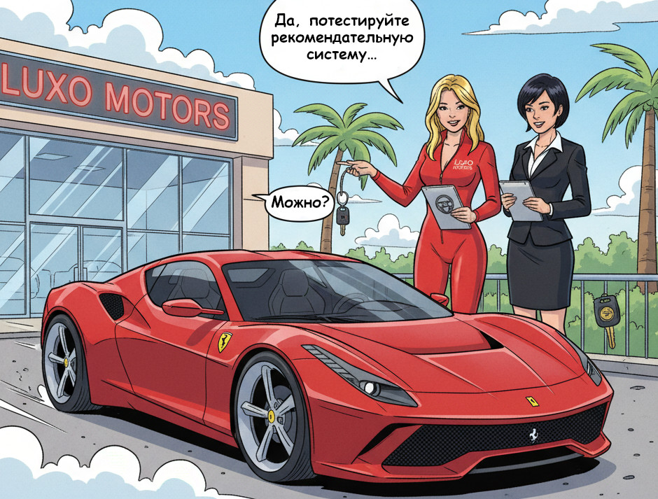 Менеджер автосалона предлагает протестировать спорткар, что служит метафорой к предложению арендовать GPU за рубль для тестирования IT-инфраструктуры.