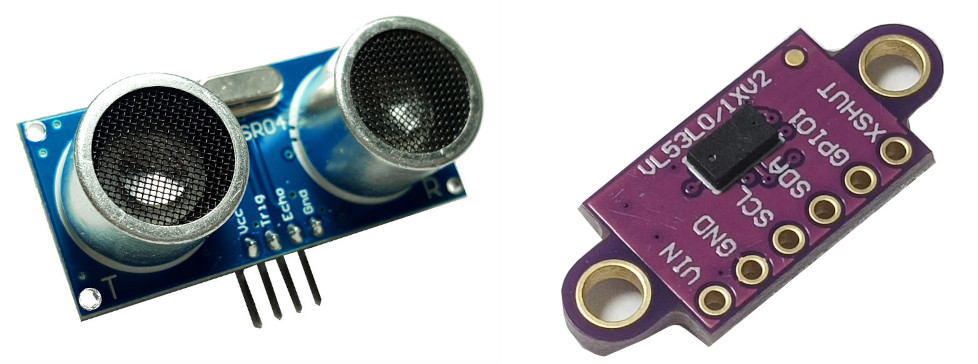 Два типа дальномеров для робототехники: ультразвуковой датчик HC-SR04, выбранный для проекта, и альтернативный лазерный датчик VL53L0X (ToF).