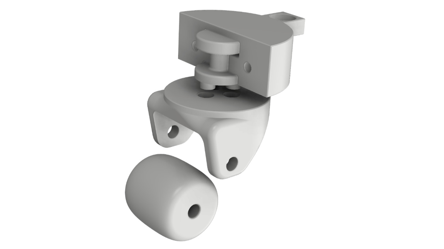 3D-модель поворотного опорного колеса робота в разобранном виде, созданная в программе Autodesk Fusion 360 и показывающая его составные части.