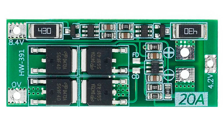 Плата системы управления батареей 2S BMS, предназначенная для защиты двух аккумуляторов 18650 от перезаряда, переразряда и короткого замыкания.