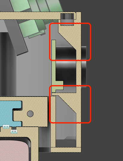 Пример проектирования деталей для 3D-печати без поддержек: на 3D-модели красным цветом выделены фаски и выступы, сделанные под углом 45 градусов.