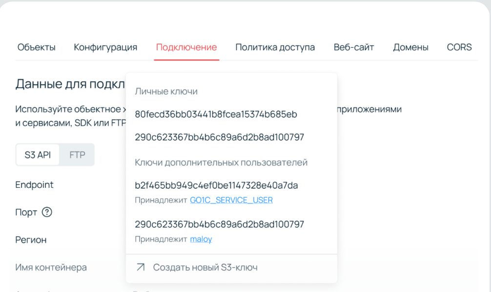 Вкладка «Подключение» в панели управления.
