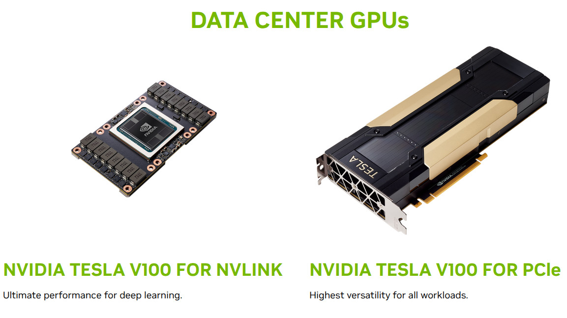 GPU-ускоритель NVIDIA V100 в форм-факторе SXM для серверов в дата-центрах (слева) и в форм-факторе PCIe для серверов и задач глубокого обучения (справа).