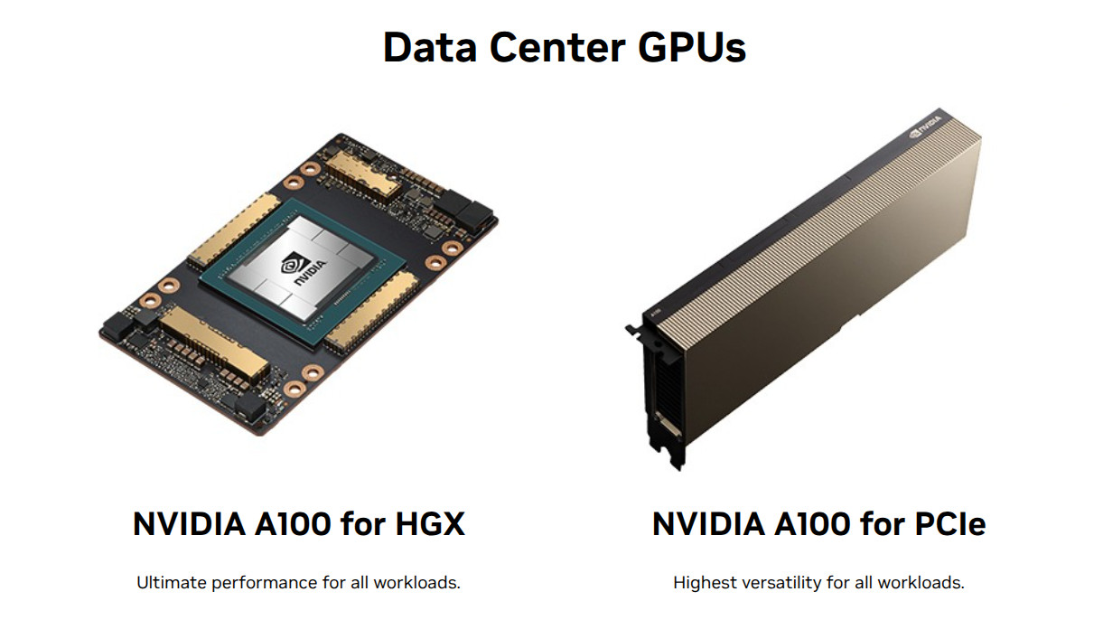 GPU-ускоритель NVIDIA A100 в форм-факторе SXM для высокопроизводительных серверов HGX (слева) и в форм-факторе PCIe для серверов под задачи ИИ-вычислений (справа).