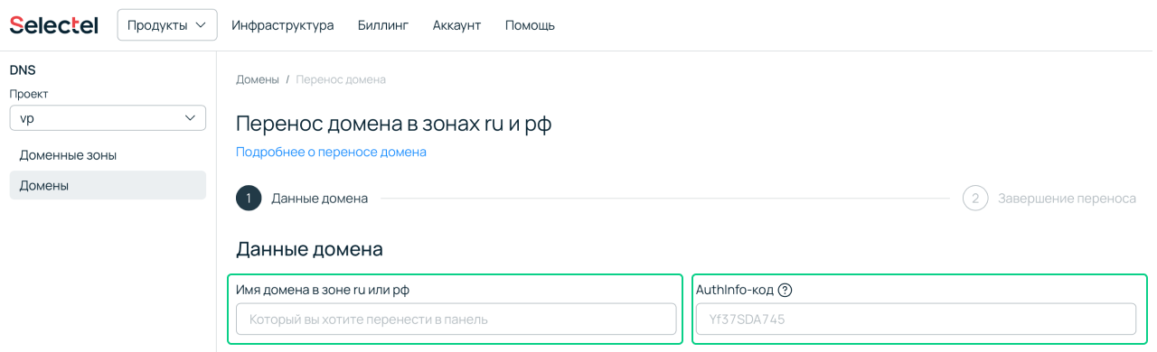 Скриншот панели управления Selectel. Ввод имени домена и Authifo-кода.