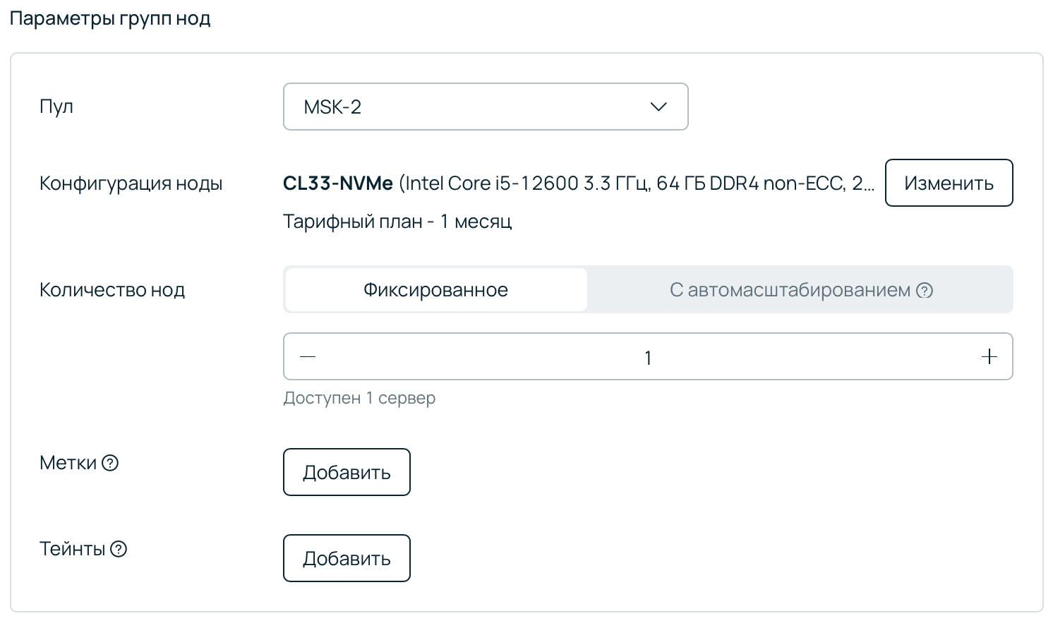 Пример создания ноды на выделенном сервере. Скриншот панели управления Selectel.