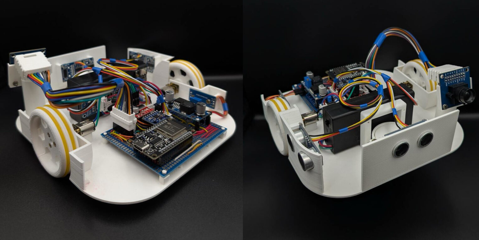 Две фотографии собранного прототипа робота: вид спереди, показывающий камеру и ультразвуковые датчики, и вид сзади с аккумуляторным блоком и проводами.