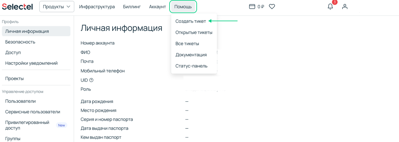Скриншот панели управления Selectel. Создание тикета.