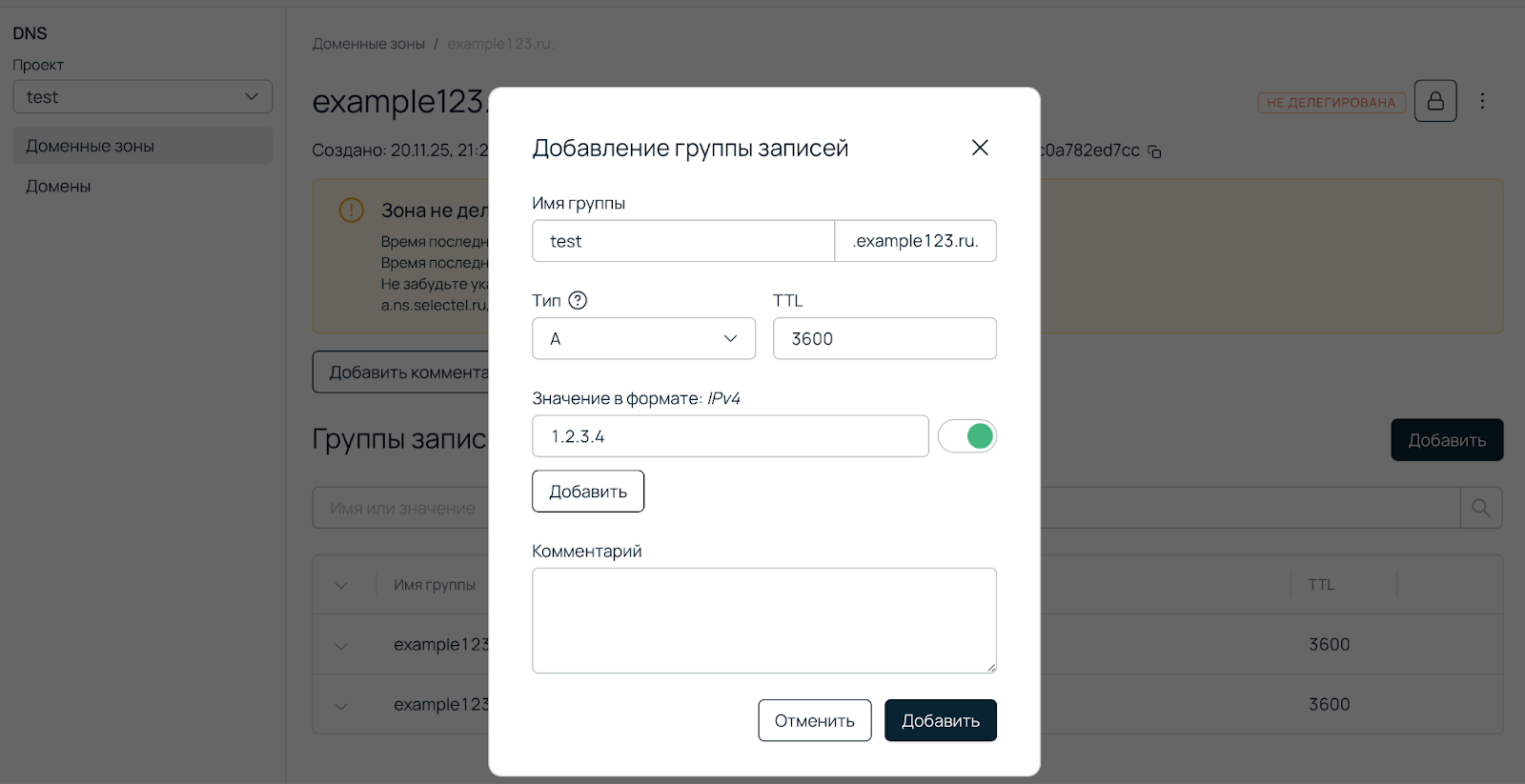 Скриншот панели управления Selectel. Добавление группы записей.