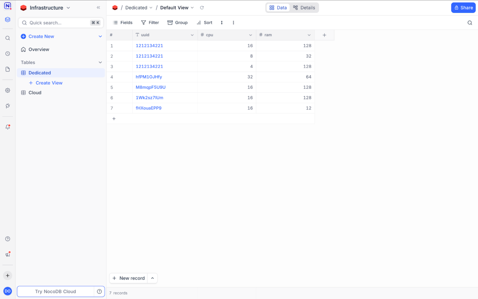 NocoDB, пример созданной таблицы.